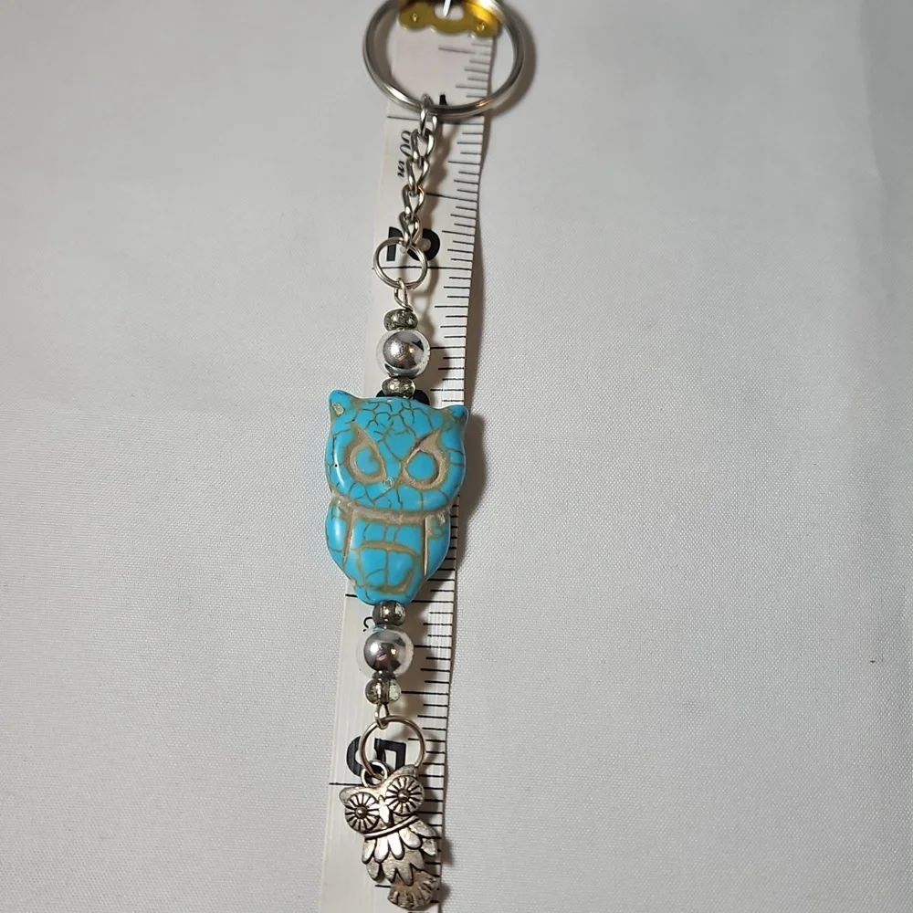 Hand Crafted Turquoise Owl Charm With Silver Accents Keychain